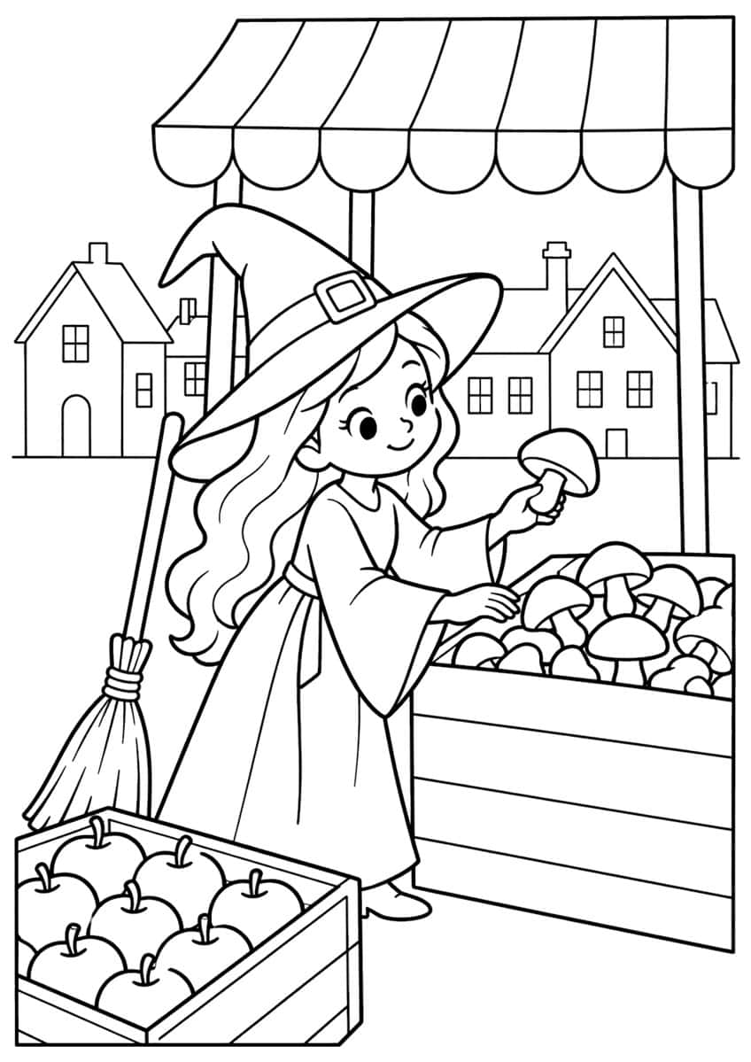 Witch with wavy hair holding a mushroom at a market stall, crates of mushrooms and apples, broom, houses