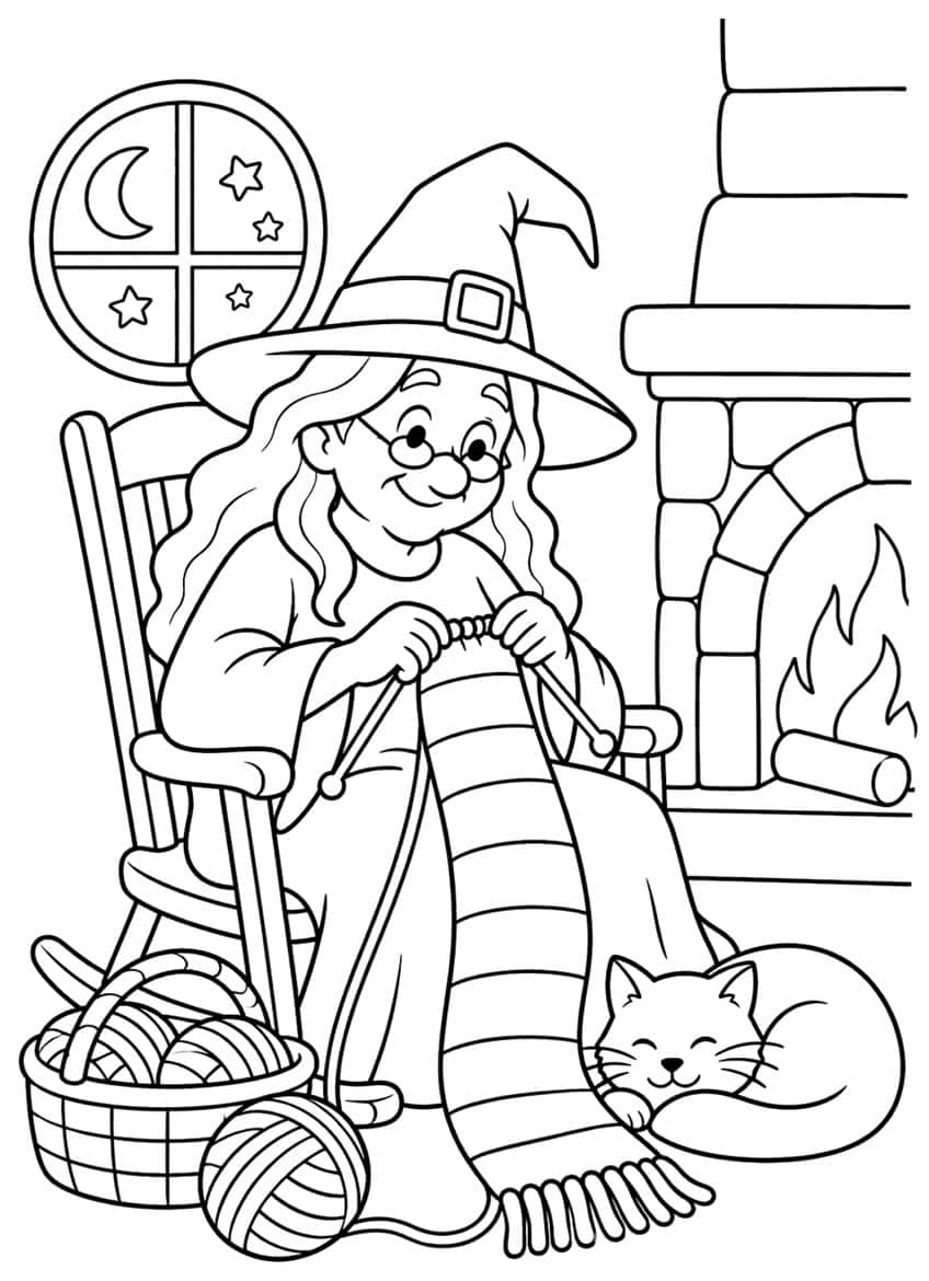 Grandma witch knitting a striped scarf in a rocking chair, with fireplace, sleeping cat, yarn basket and moon window