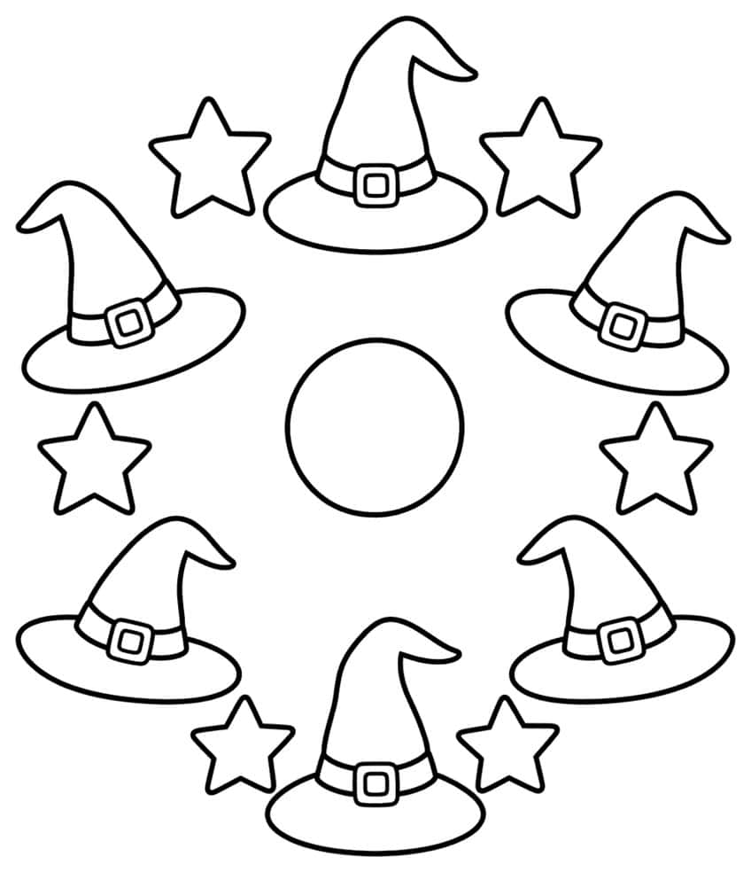 Wreath of five buckled witch hats and six stars around a plain circle