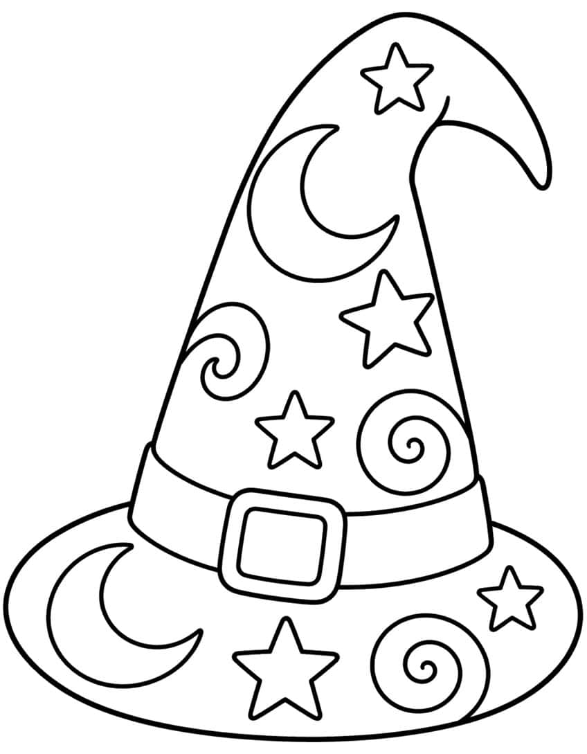 Witch hat with buckled band, crescent moons, stars and spirals