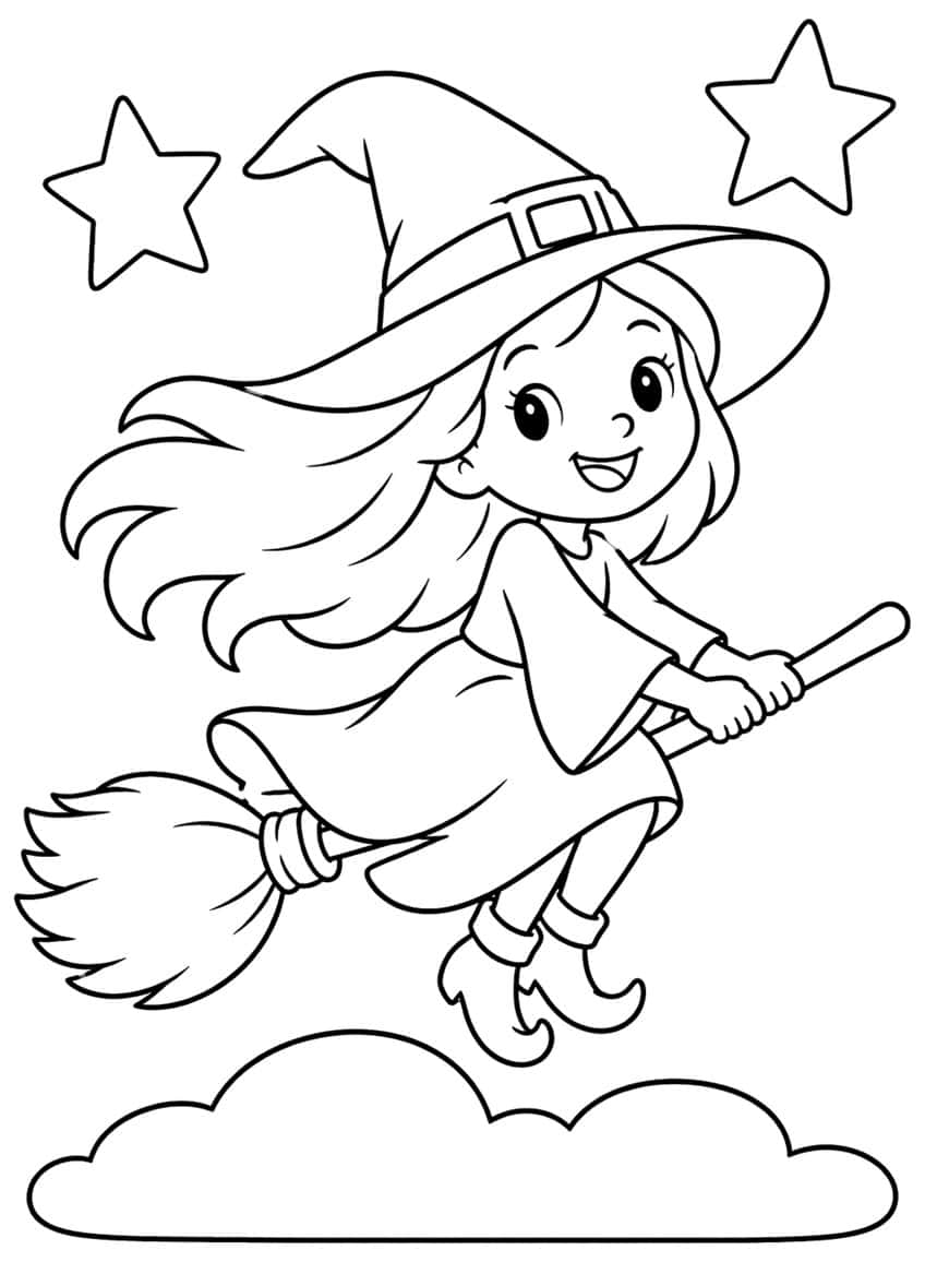Smiling witch girl in a buckled hat flying on a broom, with two stars and a cloud