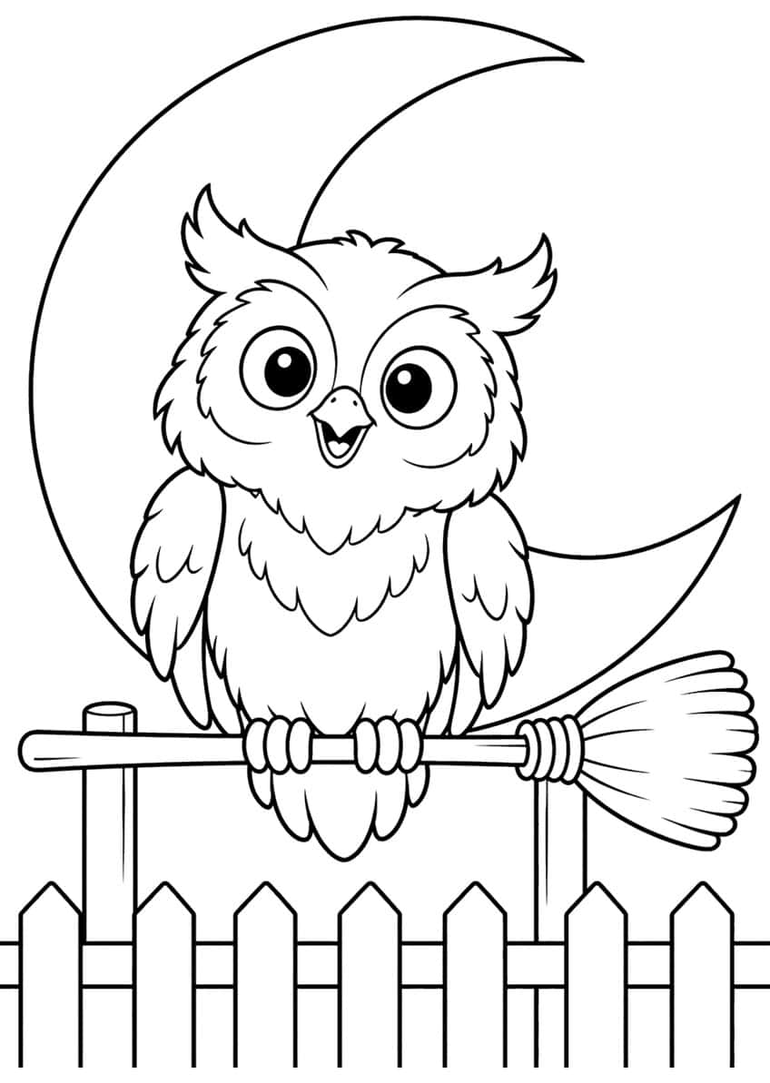 Cartoon owl sitting on a broomstick in front of a crescent moon, above a picket fence