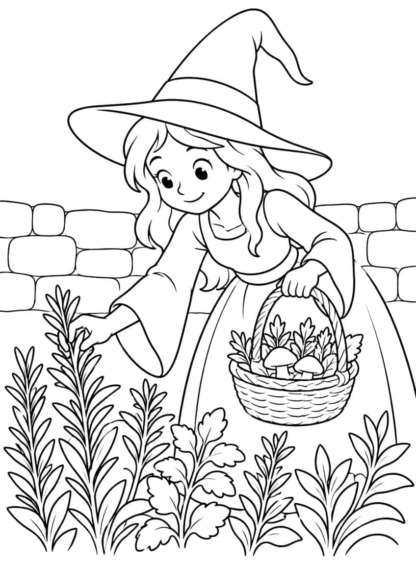 Smiling witch in pointed hat picking herbs, holding a basket of mushrooms, stone wall behind