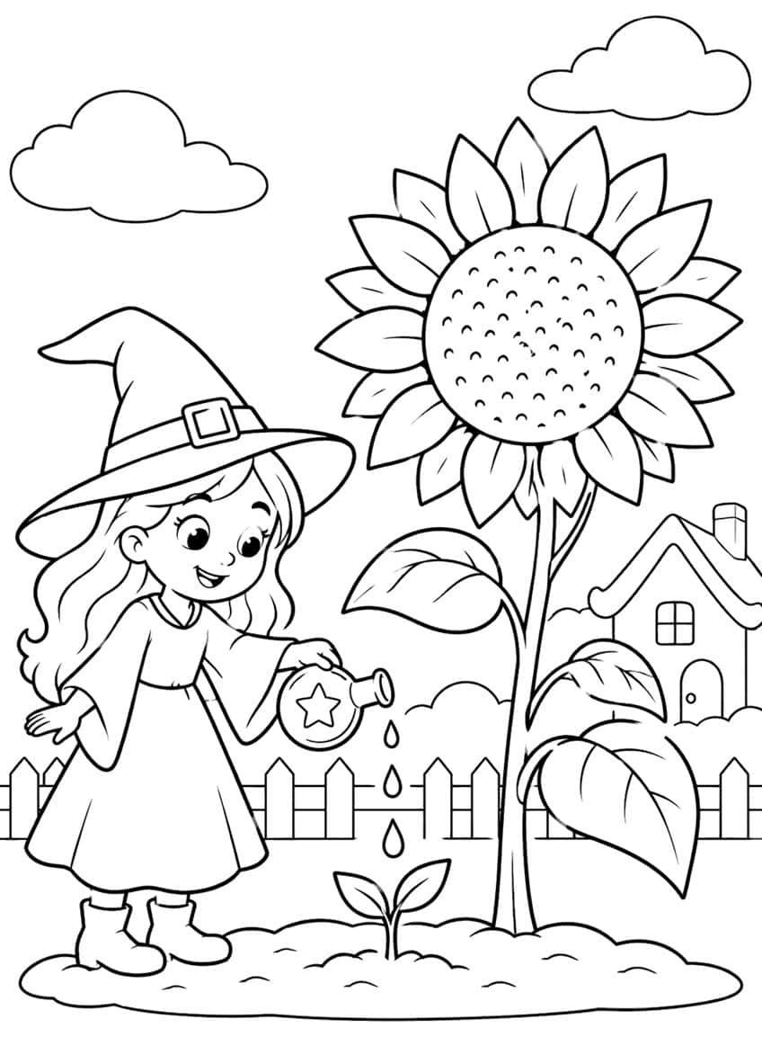 Young witch pouring a potion flask on a seedling next to a tall sunflower, fence and cottage
