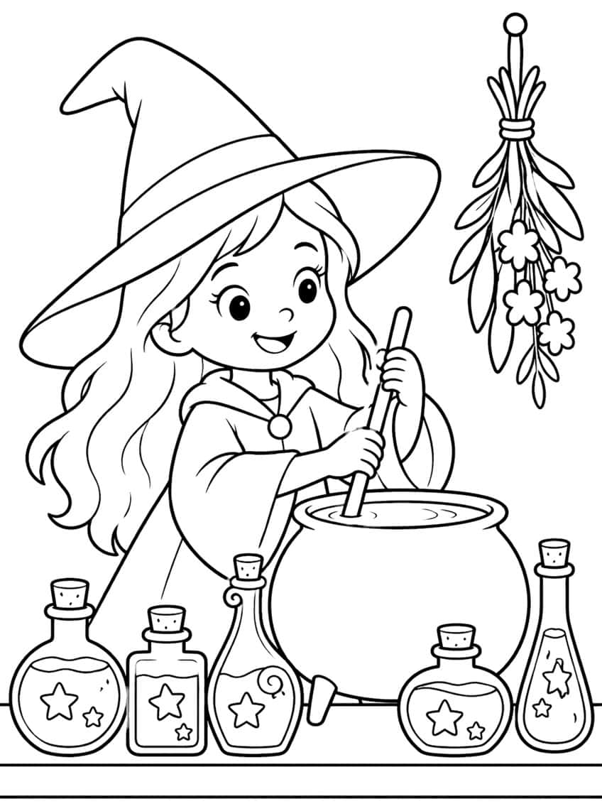 Smiling witch stirring a cauldron behind five star-decorated potion bottles, with a hanging herb bundle