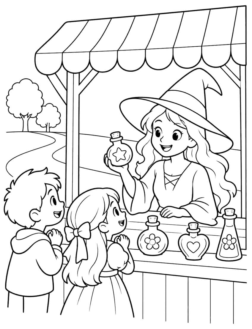 Witch at a market stall showing a star potion bottle to two children, with more bottles on the counter