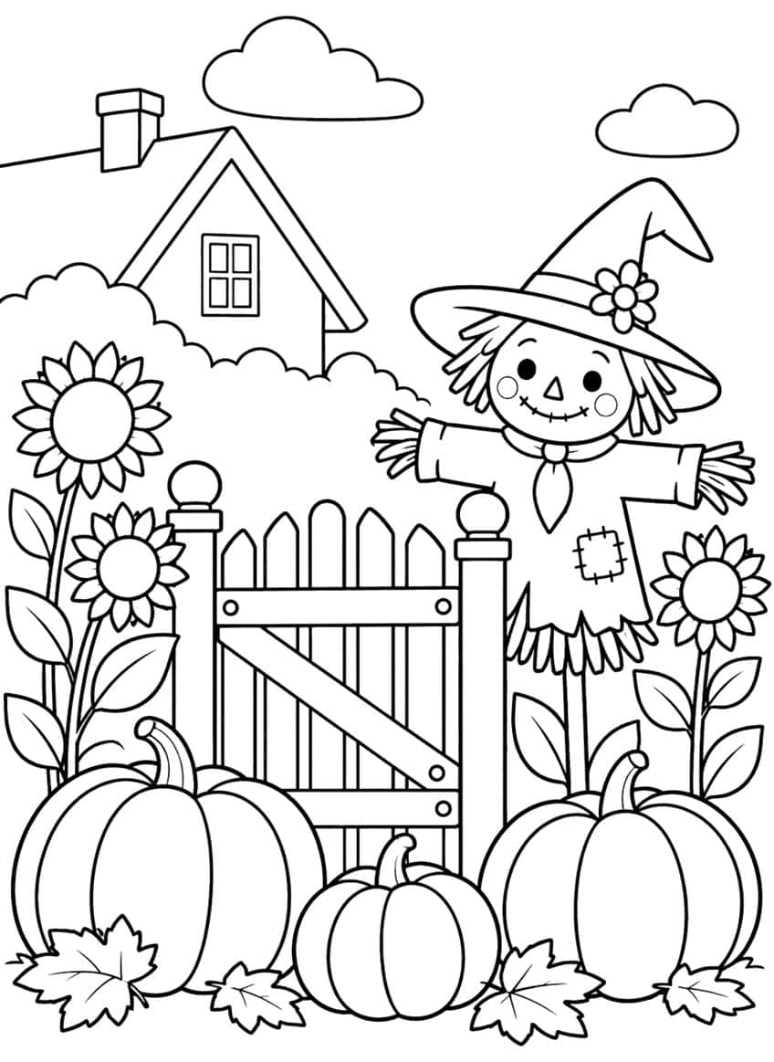 Scarecrow in a witch hat by a picket gate with three pumpkins, sunflowers and a cottage