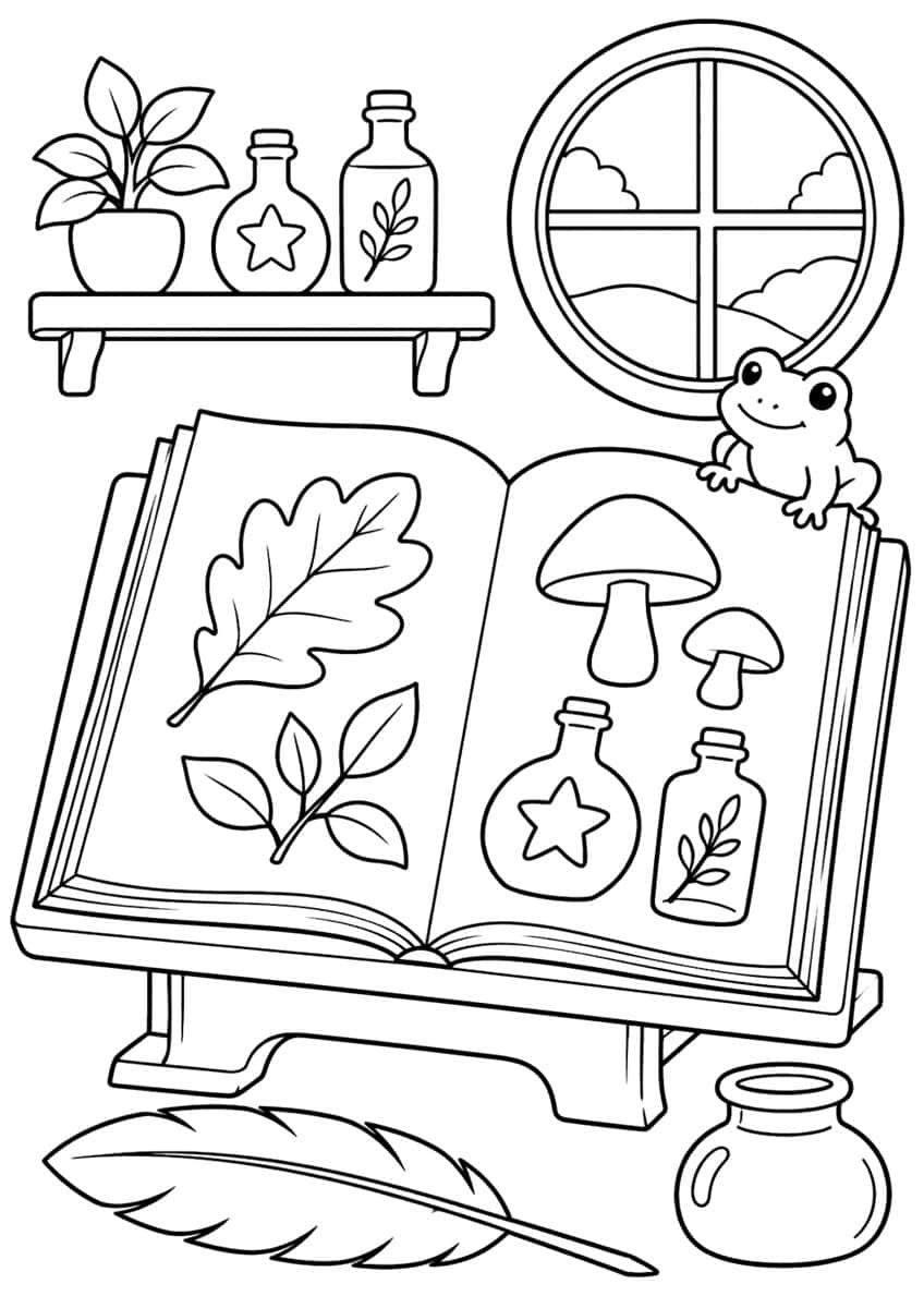 Open spellbook on a stand with frog, round window, shelf with plant and bottles, quill and inkwell