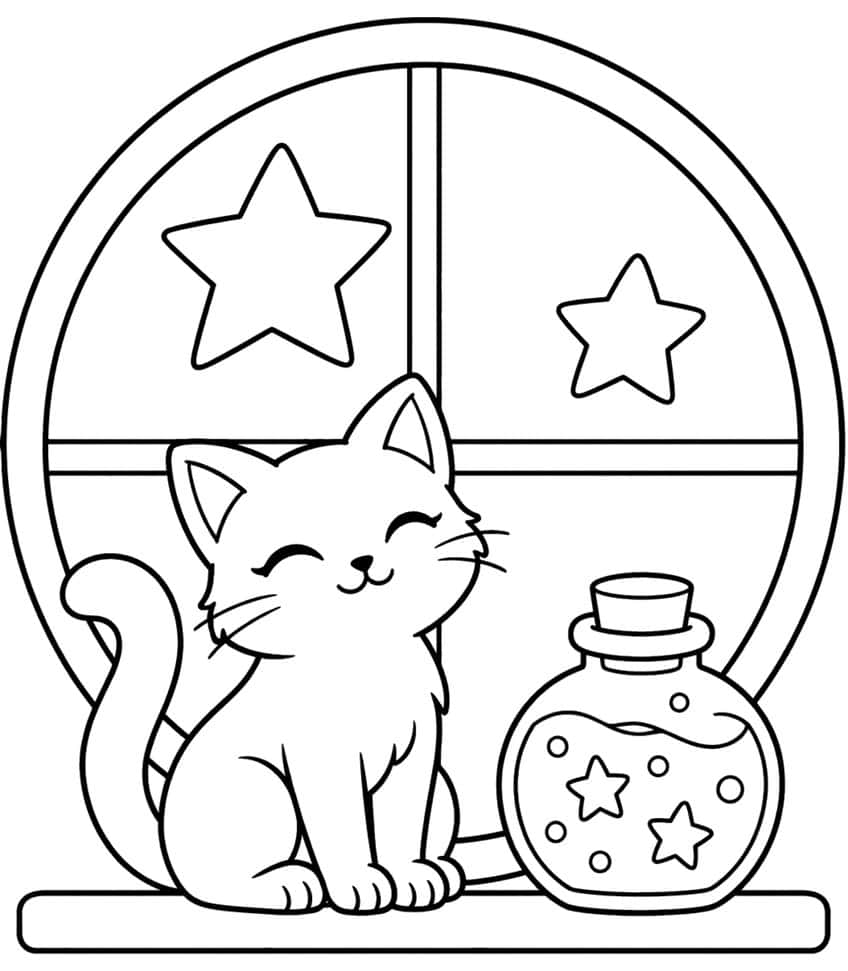 Smiling cat and corked potion bottle with stars on a windowsill in front of a round window with two stars