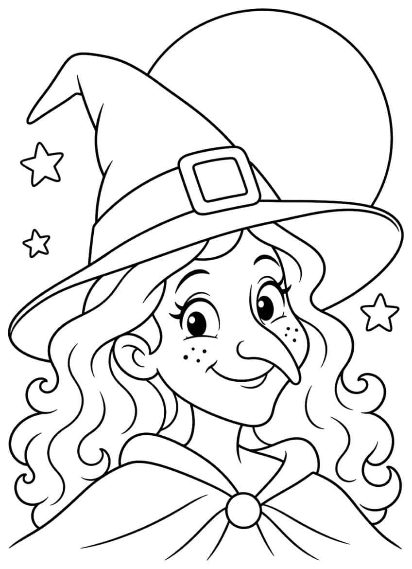Smiling witch with curly hair, buckled pointed hat, cloak, full moon and three stars