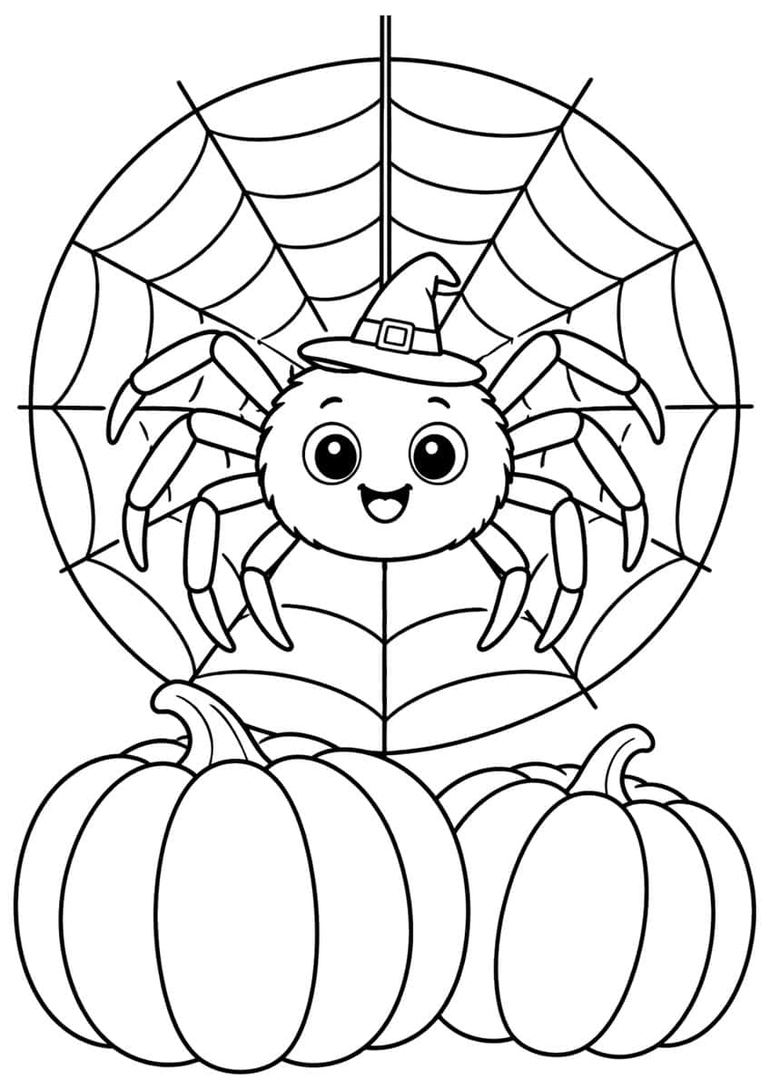 Smiling spider in a witch hat on a round spider web above two ribbed pumpkins