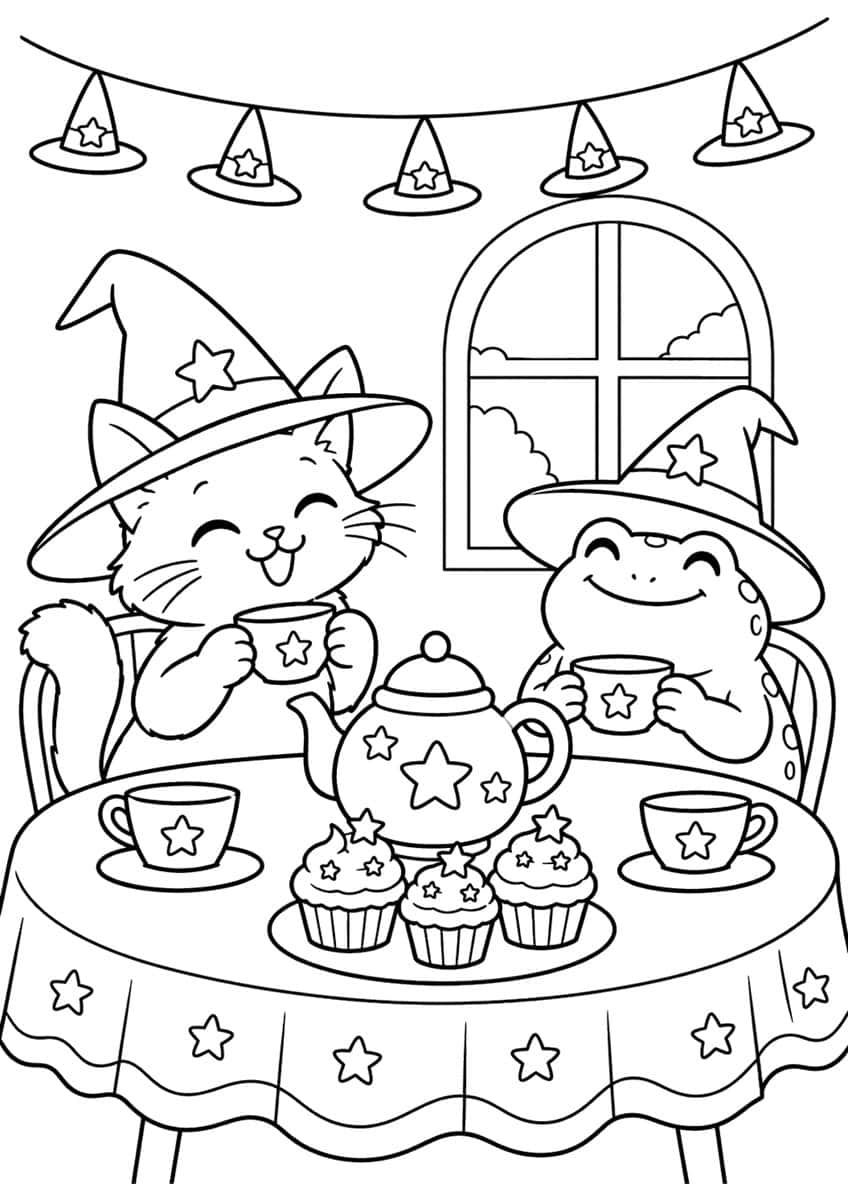 Cat and frog in witch hats having tea with a star teapot, cupcakes, arched window and hat bunting