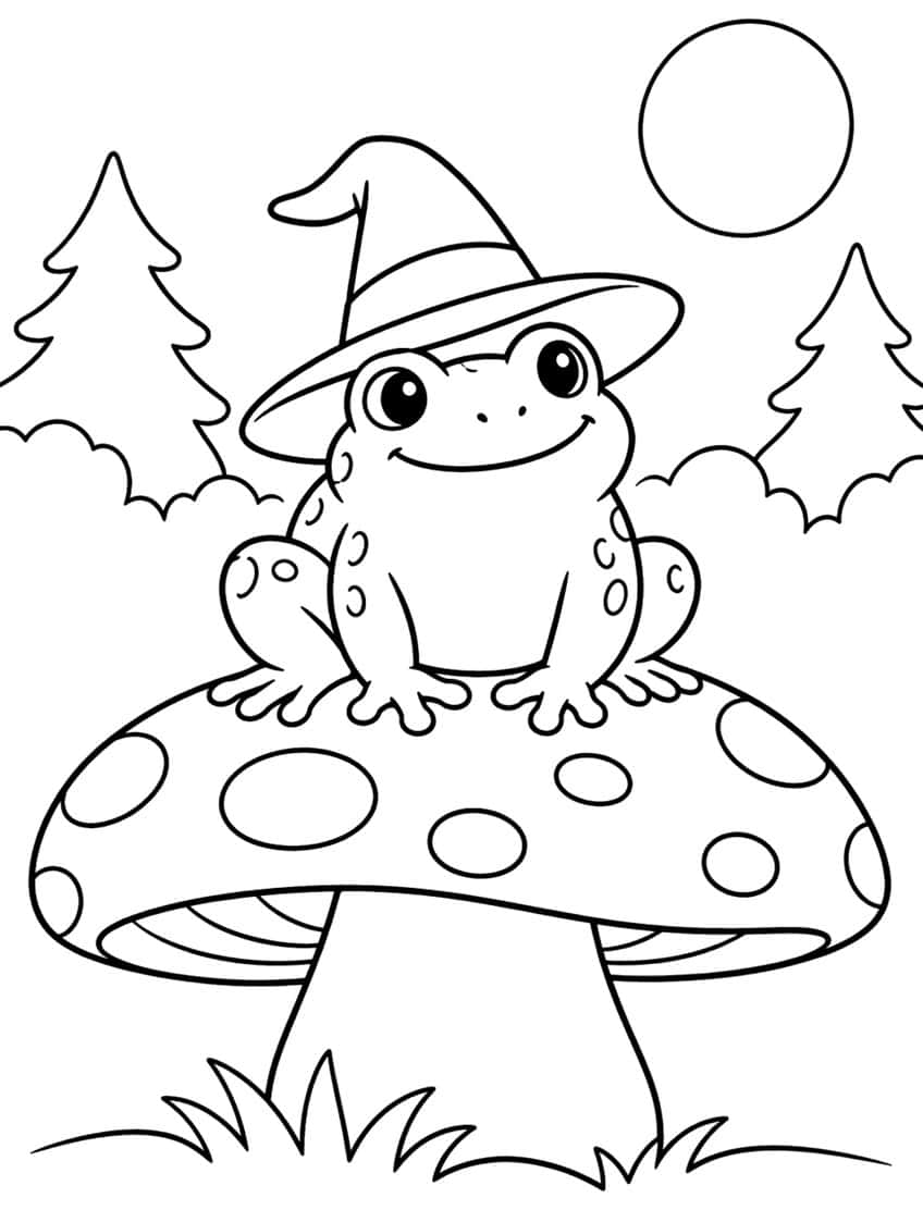 Smiling toad in a witch hat on a spotted toadstool with fir trees, bushes and a moon