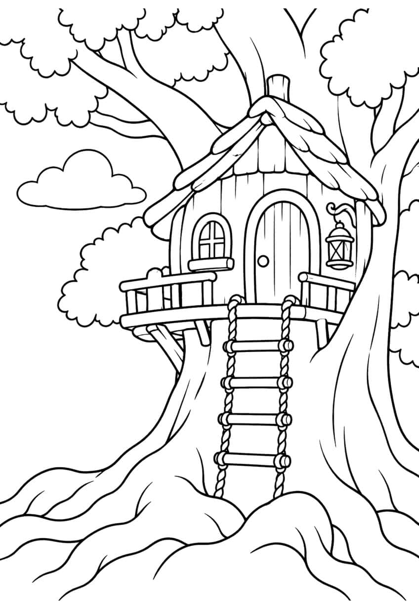 Treehouse with arched door, lantern, railed deck and rope ladder in a large oak tree with leaves and a cloud