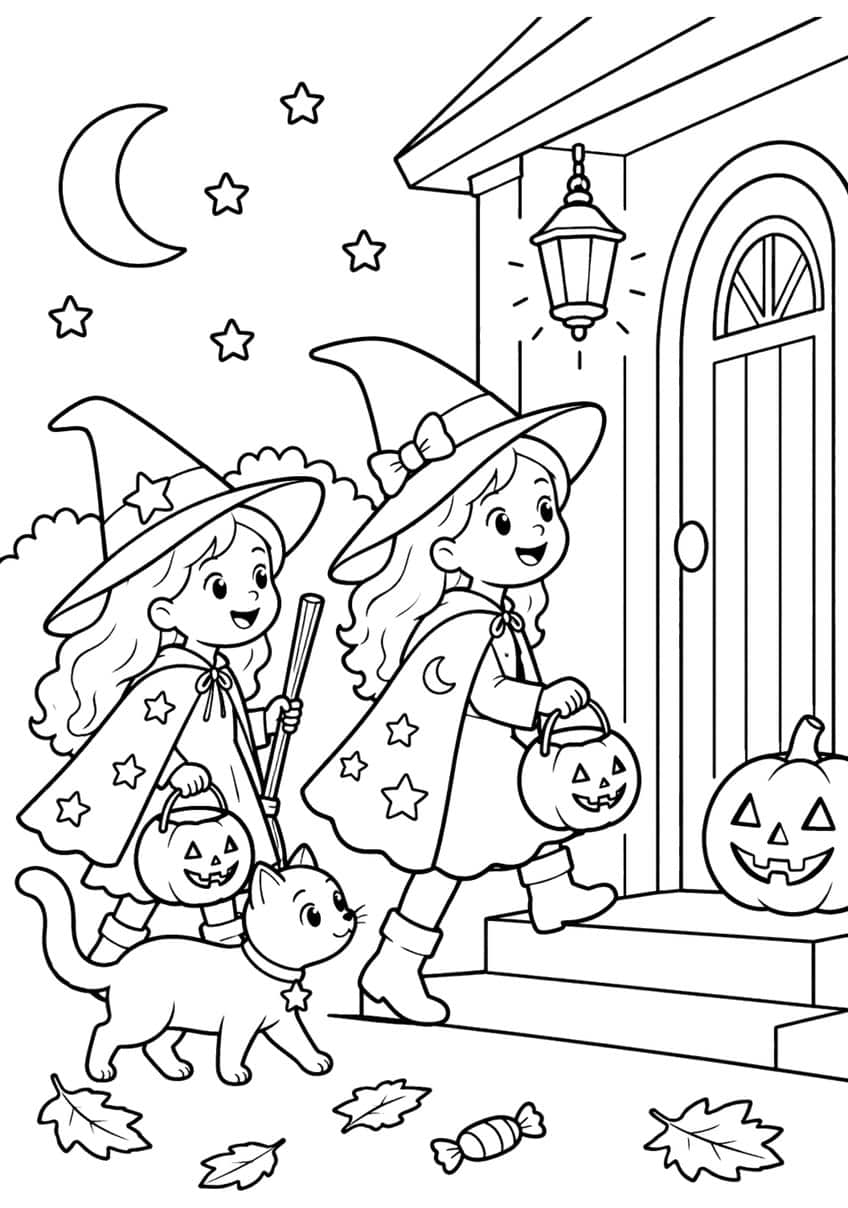 Two witch girls with pumpkin buckets and a cat at a front door with lantern and big jack-o'-lantern