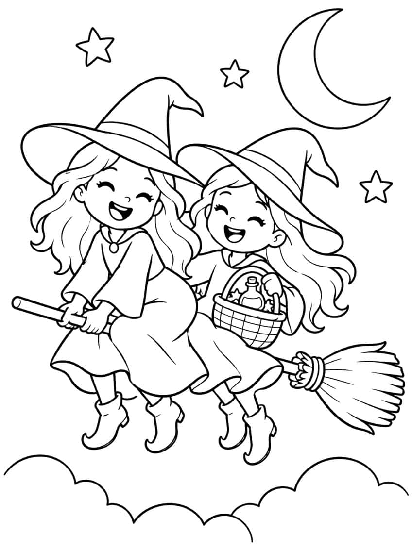 Two laughing witches on one broom with a potion basket, crescent moon, three stars and clouds