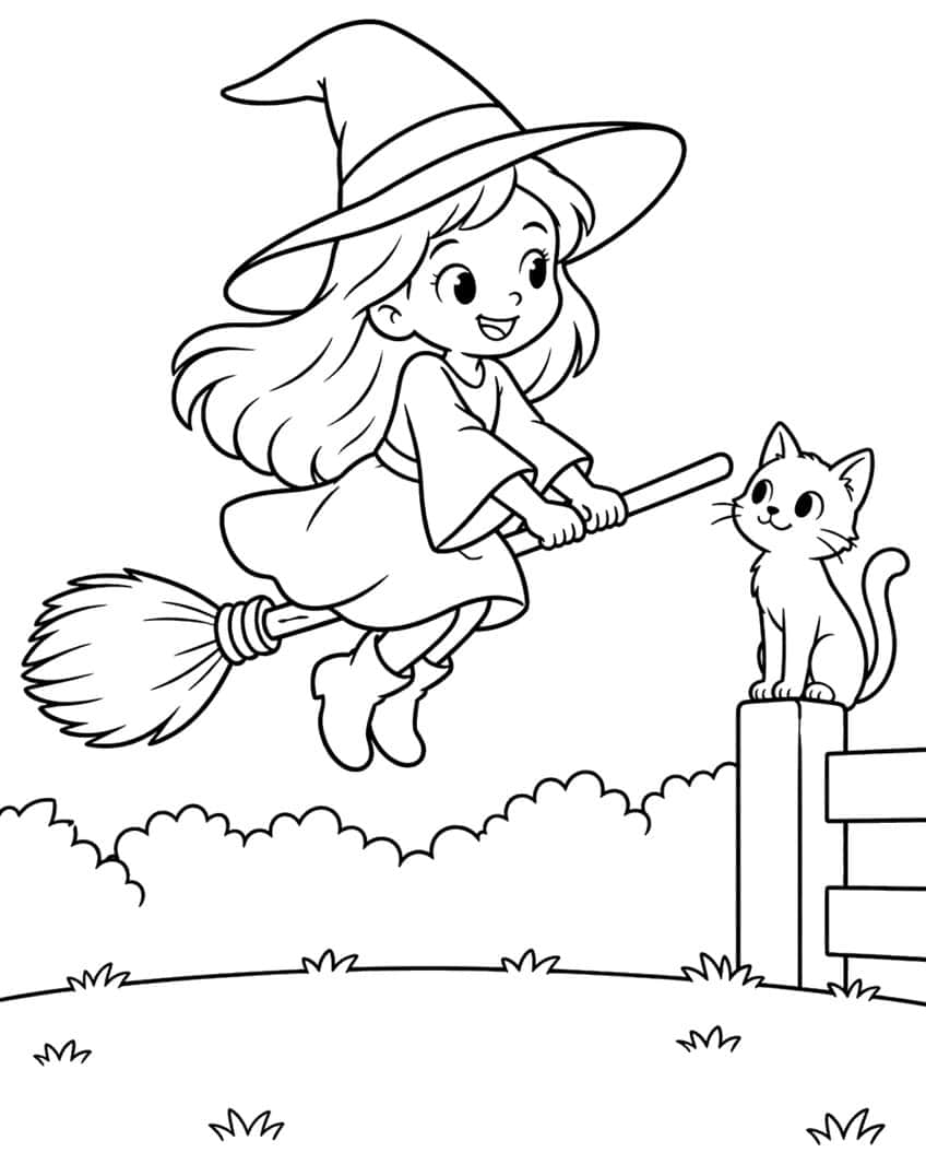 Young witch on a broom flying toward a cat on a fence post, with hedge and grass tufts