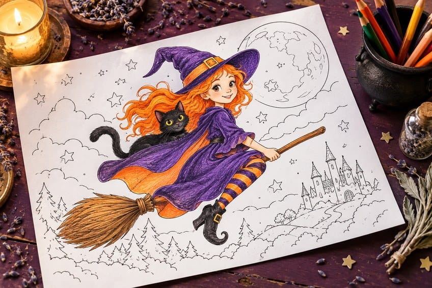 witch coloring page partly colored in with pencils