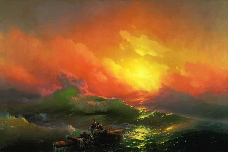 Ivan Aivazovsky’s The Ninth Wave shows shipwreck survivors clinging to a broken mast beneath an immense green wave and glowing dawn sky.