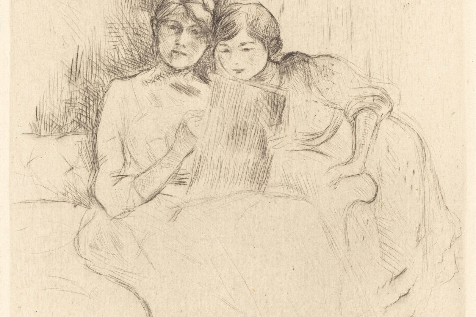 Berthe Morisot draws while her daughter Julie watches in a lightly worked black-and-white drypoint.