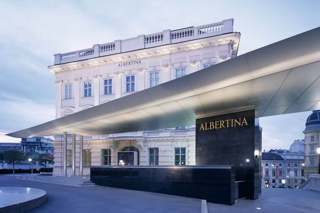 The exterior and entrance canopy of the Albertina Museum in Vienna.