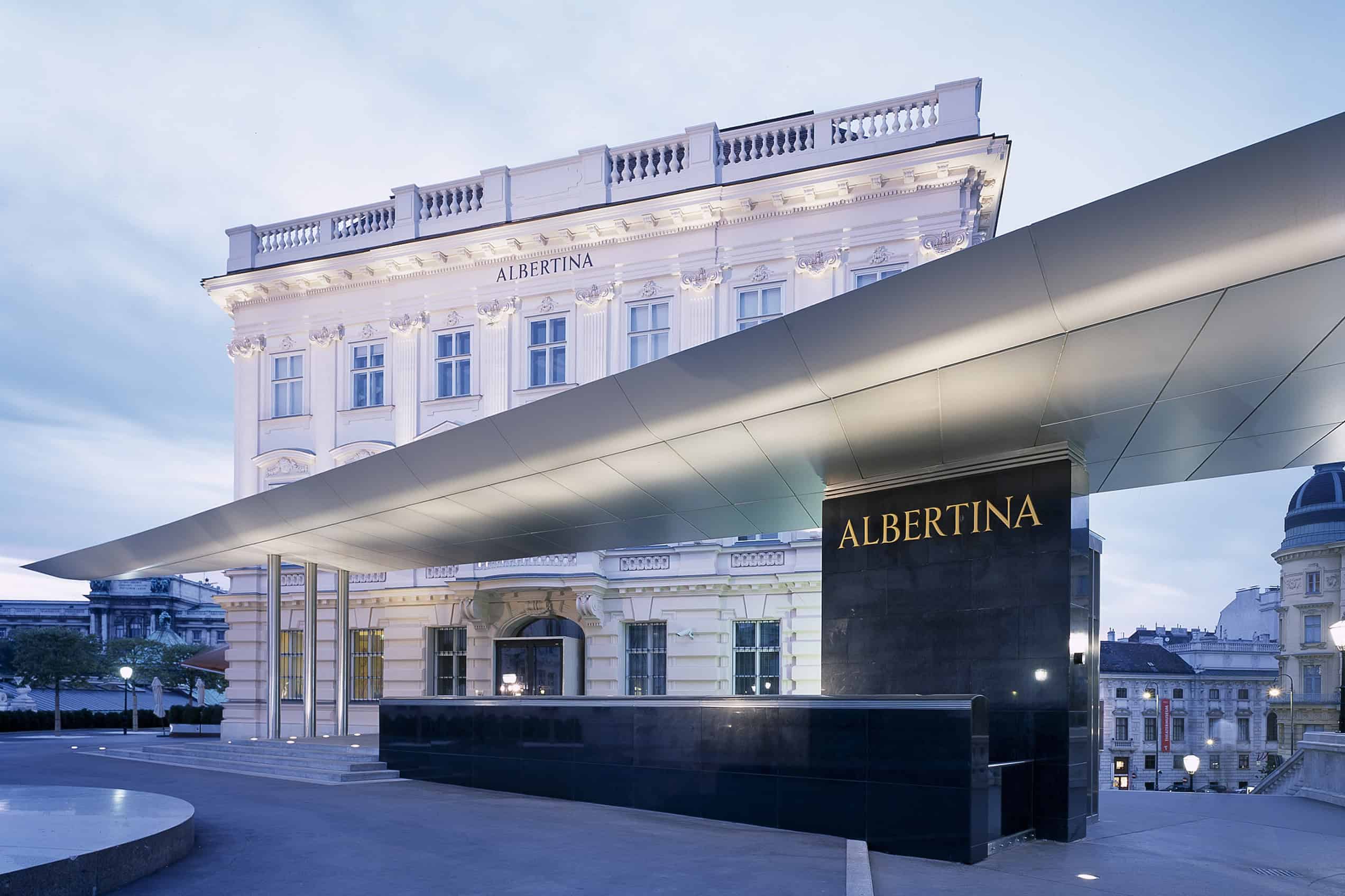 The exterior and entrance canopy of the Albertina Museum in Vienna.