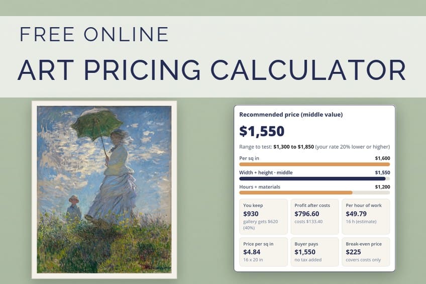 Art pricing calculator showing a recommended painting price next to Monet's Woman with a Parasol