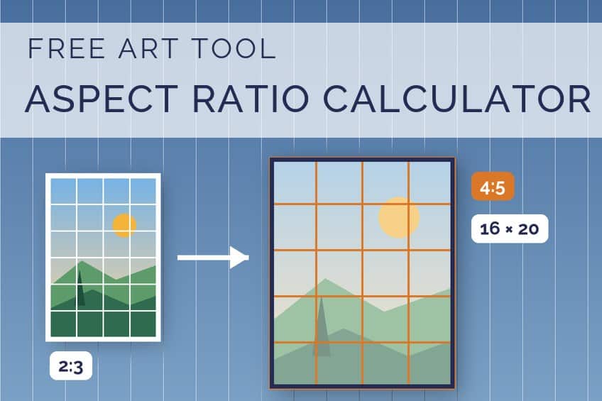 Aspect ratio calculator showing a 4 × 6 photo cropped to fit a 16 × 20 canvas with a grid for the grid method