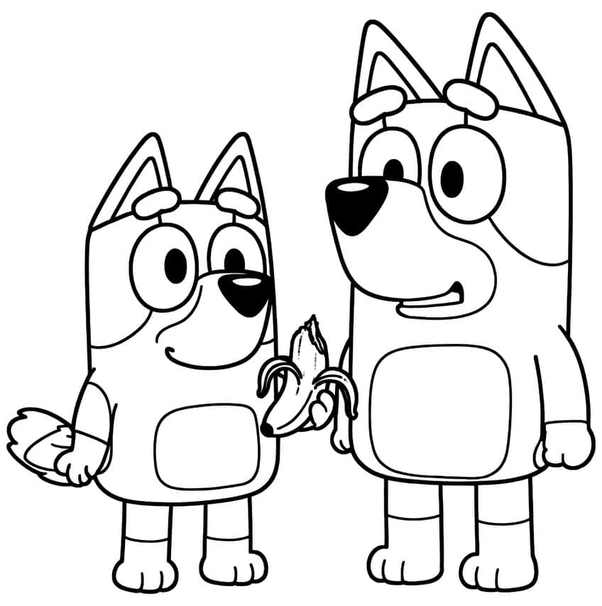 Two cartoon pups standing side by side with a peeled banana between them