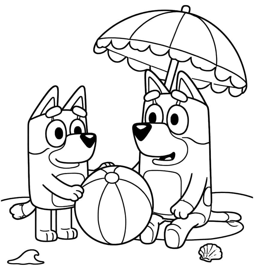 Two cartoon pups with a striped beach ball, a scalloped parasol, a seashell and a small wave on the sand