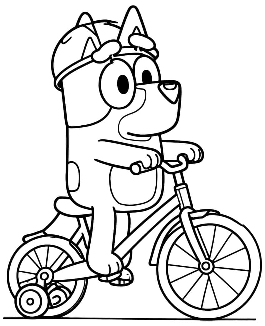 Cartoon pup in a helmet riding a bike with spoked wheels and training wheels on a ground line