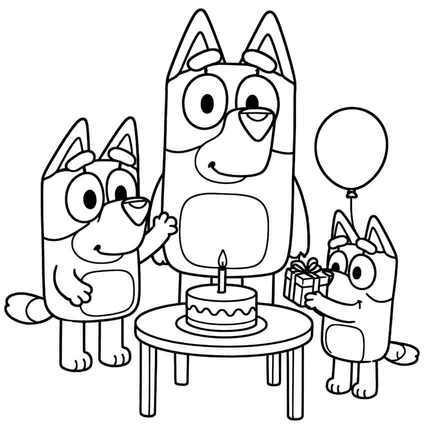 Three cartoon pups around a round table with a birthday cake, candle, gift box and balloon