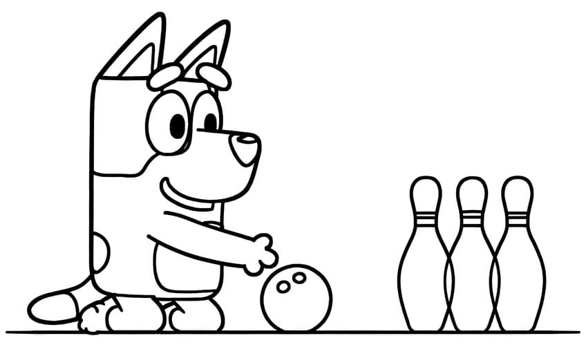 Cartoon pup with a bowling ball on the floor and three bowling pins standing in a row