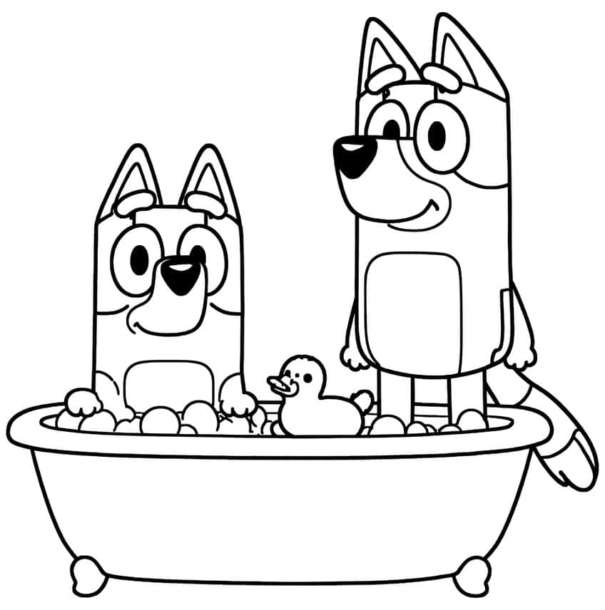 Two cartoon pups in a clawfoot bathtub with soap bubbles and a small rubber duck