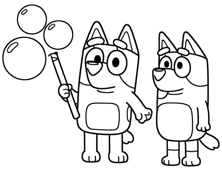 Two cartoon pups with a bubble wand and three large soap bubbles