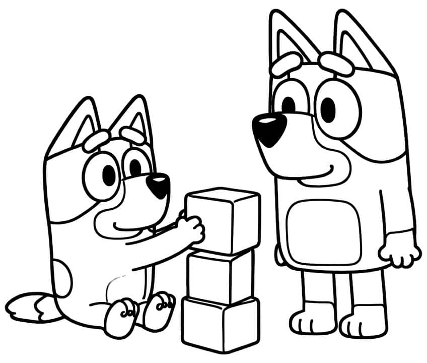 Seated cartoon pup stacking three blocks next to a standing pup with a belly patch