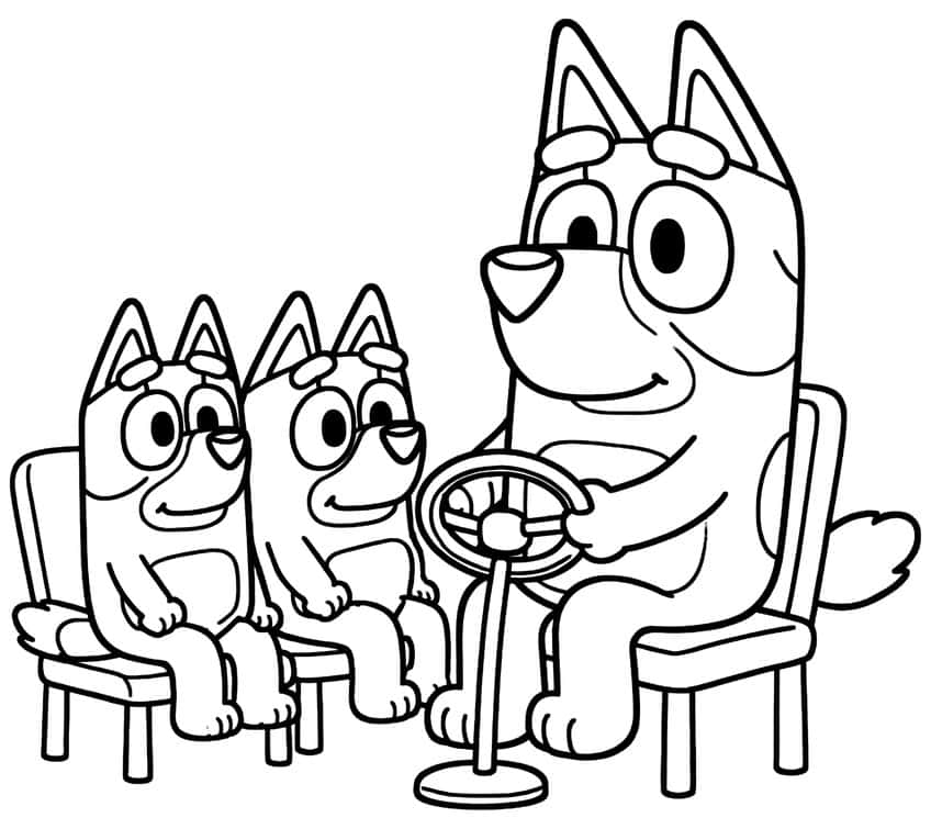 Three cartoon pups on chairs, the big one holding a steering wheel on a stand