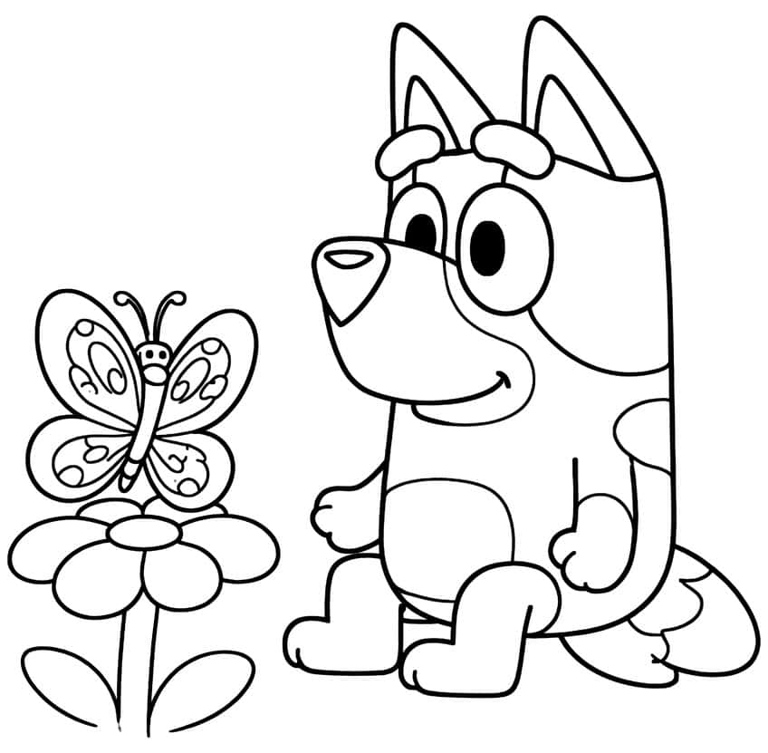 Seated cartoon pup looking at a butterfly perched on a five-petal flower with two leaves