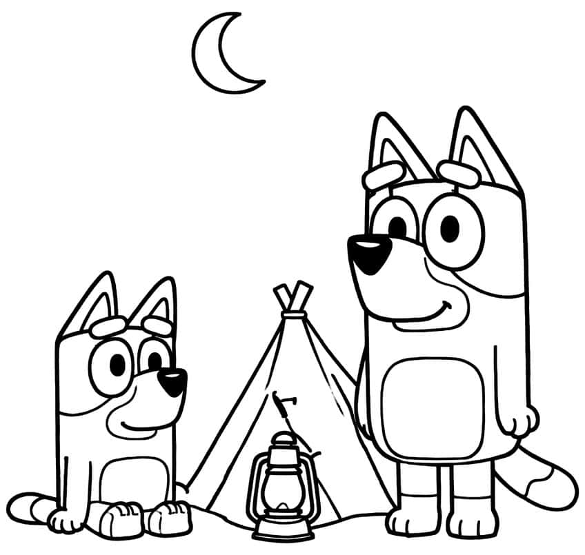 Two smiling pups beside a tepee tent with a lantern under a crescent moon