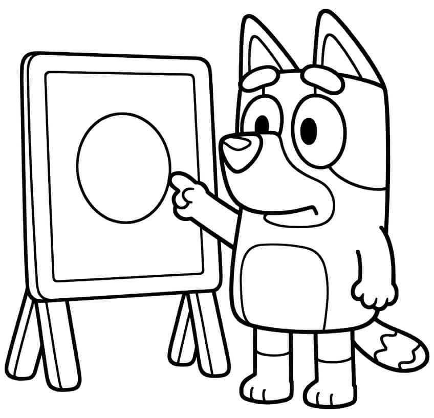 Cartoon pup pointing at a big oval on a standing board with three legs
