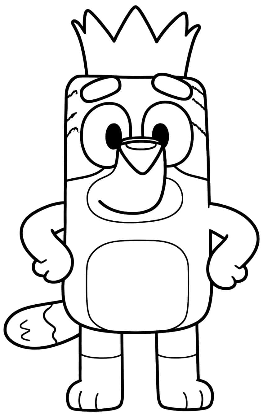 Cartoon pup with a spiky crown, hands on hips, big eyes, belly patch and bushy tail