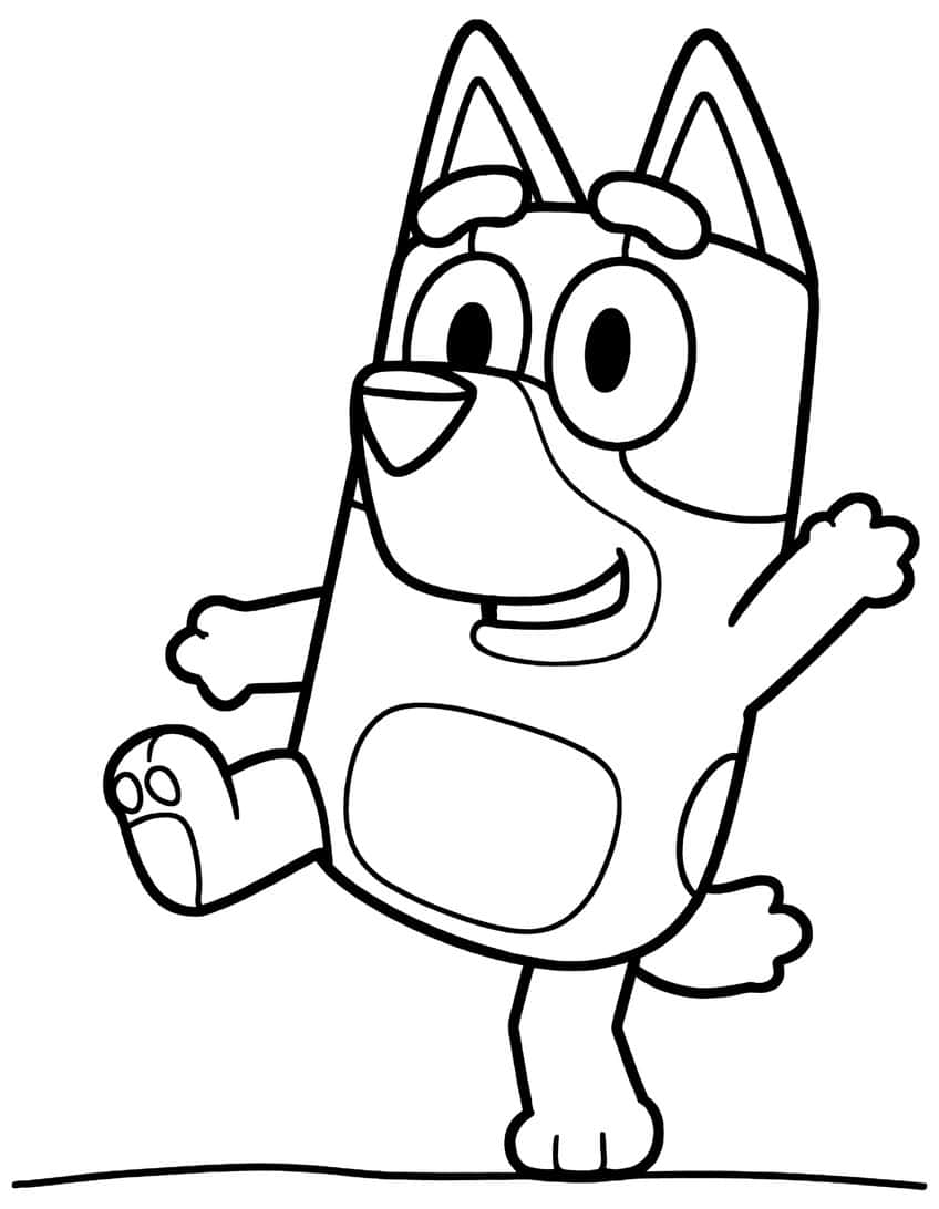 Dancing cartoon pup on one leg with raised paw, pointed ears, big eyes, belly patch and ground line