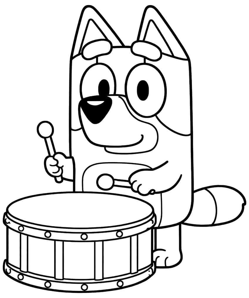 Smiling cartoon pup drumming on a snare drum with two sticks and a striped tail