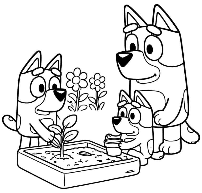 Three cartoon pups planting a seedling in a garden bed with a flower pot and two daisies