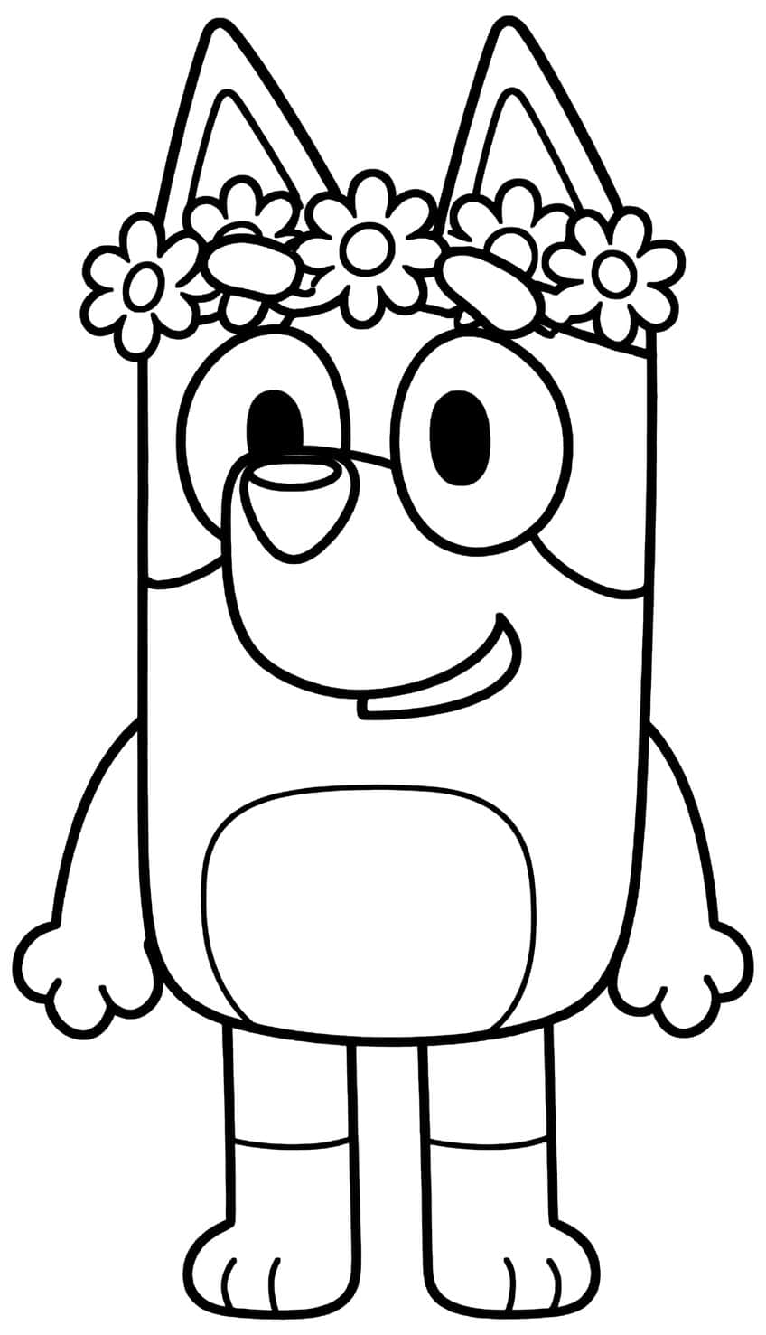 Standing cartoon pup with a daisy flower crown, big eyes, smile, belly patch and pointed ears