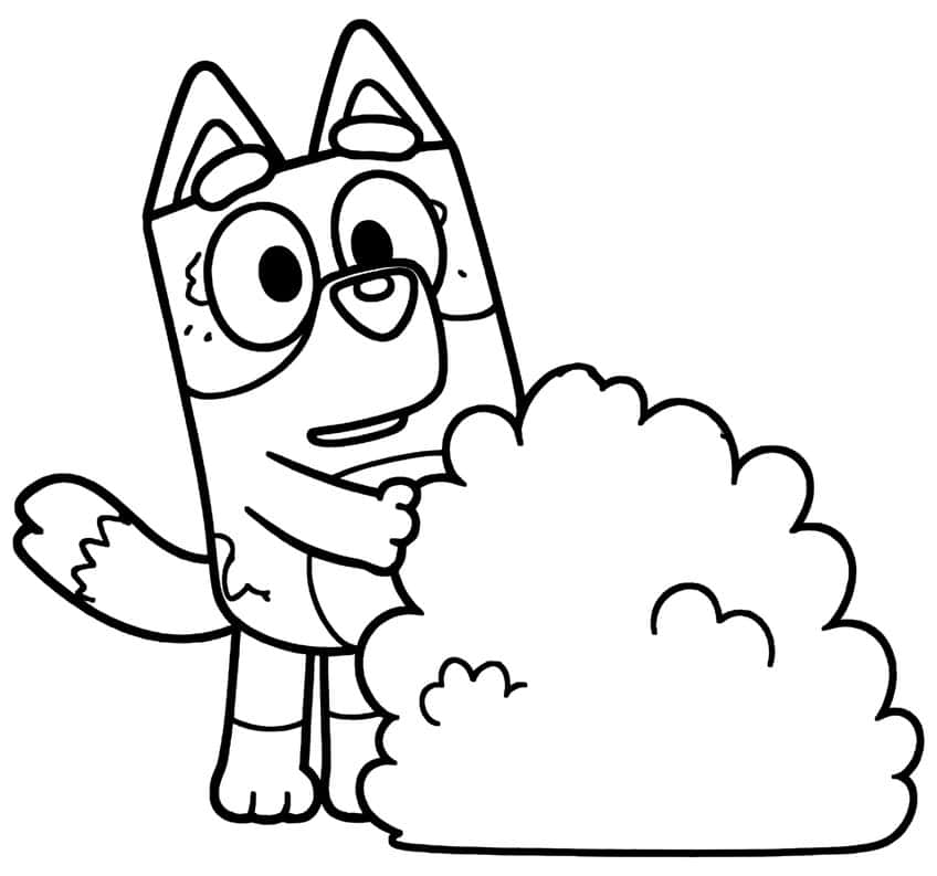 Cartoon pup with pointed ears and striped tail peeking from behind a large round bush