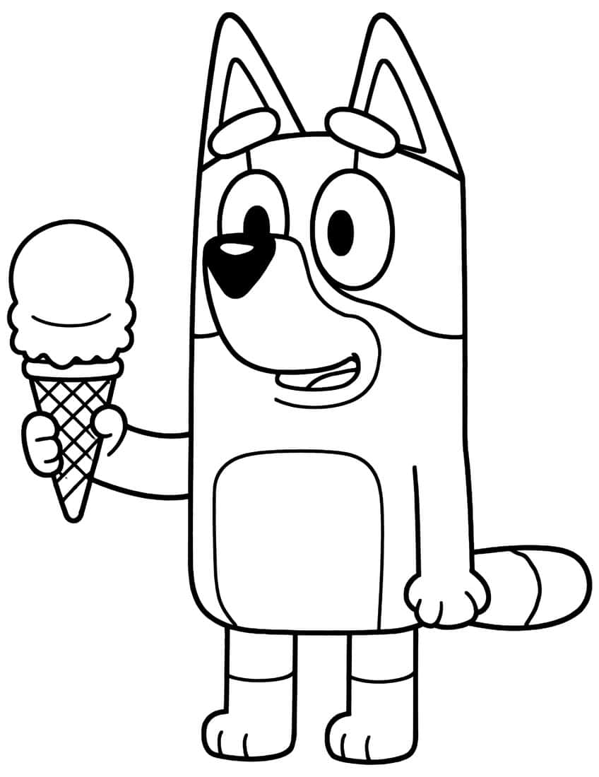 Cartoon pup with pointed ears holding an ice cream cone with one scoop, standing with a striped tail