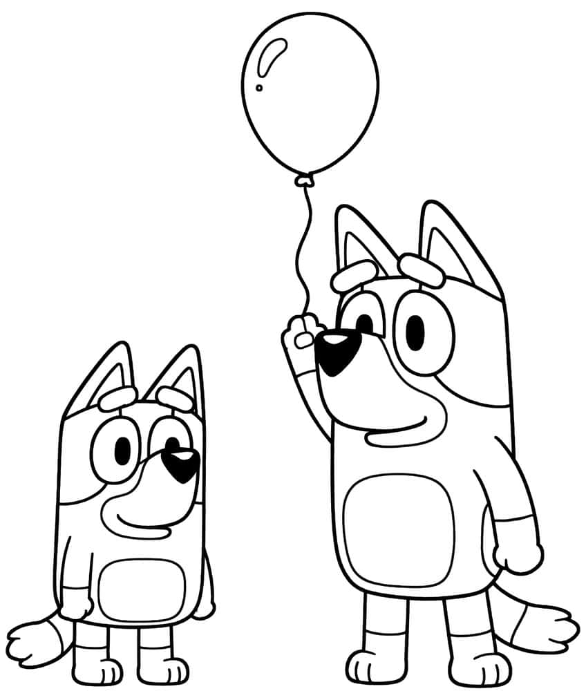 Two cartoon pups standing together, the taller holding a balloon on a string