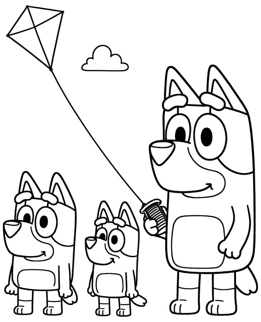 Three cartoon pups with a string spool, a diamond kite and a small cloud
