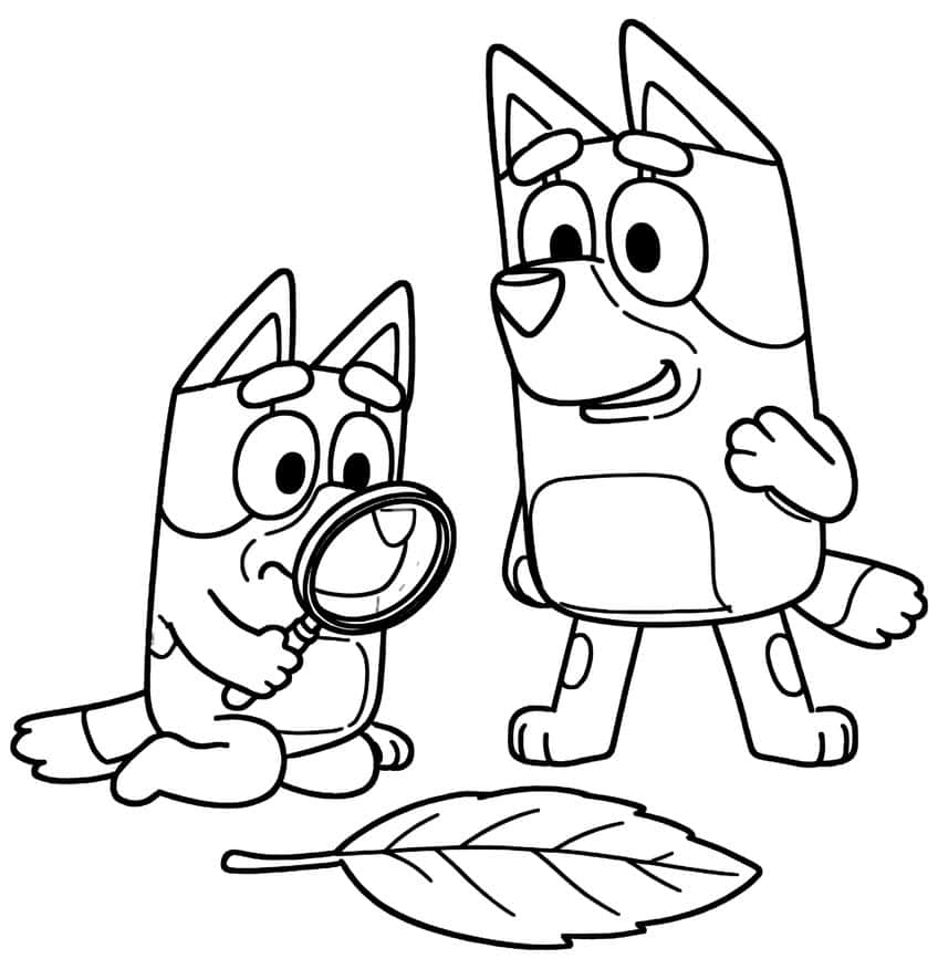 Two cartoon pups, one sitting with a magnifying glass, one standing, and a large leaf below